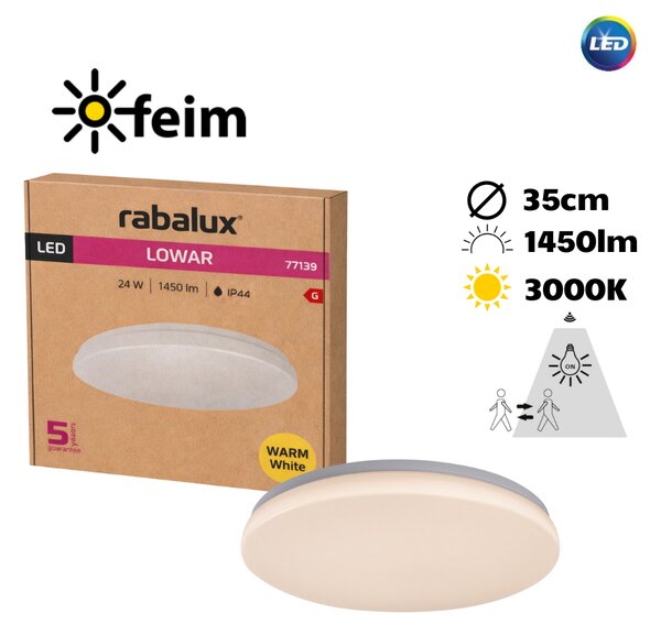 RABALUX 77139 Lowar venkovní stropní svítidlo se senzorem D350mm LED 24W/1450lm 3000K IP44 bílá