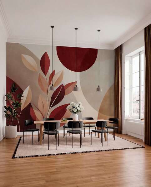 Fototapety Listy s texturou v odstínech vínové a béžové na pozadí abstraktních tvarů, minimalismus, moderní, Tapety Unikátní, w09829 : uwalls.cz