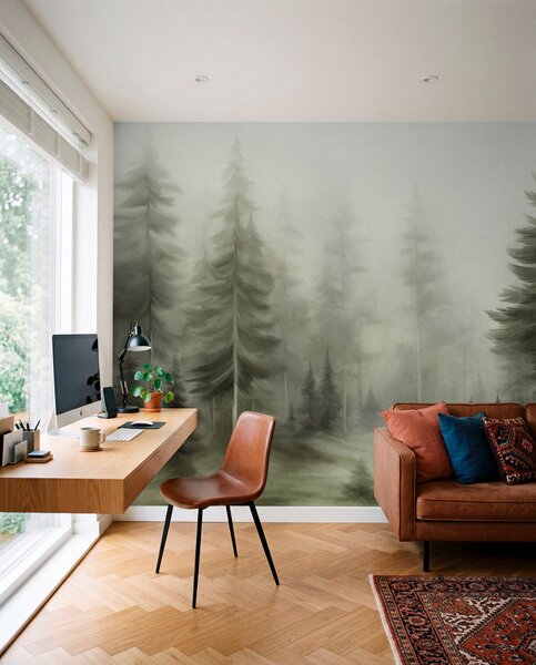 Fototapety Hustý les s vysokými borovicemi v lehké mlze, texturované krajinářské umění, Fototapety příroda, w09830v1 : uwalls.cz