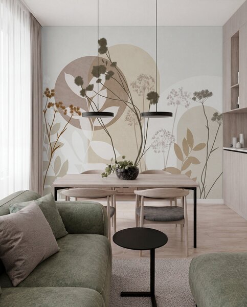 Fototapety Botanická a minimalistická kompozice ze sušených květin a listů s abstraktními, Fototapety 3D, Fototapety 3d květiny, w09906 : uwalls.cz