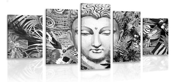 5-dílný obraz Buddha na exotickém pozadí v černobílém provedení