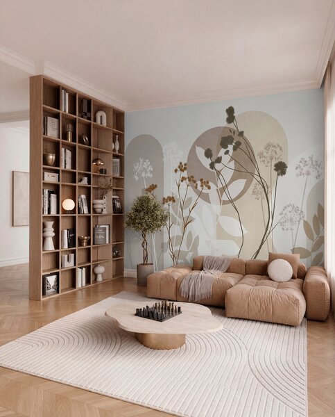 Fototapety Botanická a minimalistická kompozice ze sušených květin a listů s abstraktními, Fototapety 3D, Fototapety 3d květiny, w09906 : uwalls.cz