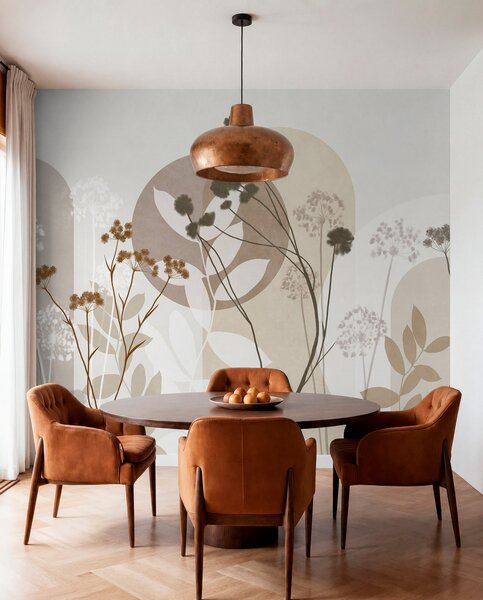 Fototapety Botanická a minimalistická kompozice ze sušených květin a listů s abstraktními, Fototapety 3D, Fototapety 3d květiny, w09906 : uwalls.cz