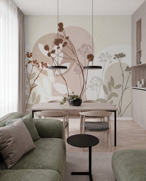 Fototapety Botanická a minimalistická kompozice ze sušených květů a listů s abstraktními, Fototapety 3D, Fototapety 3d květiny, w09906v1 : uwalls.cz
