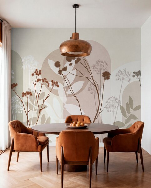 Fototapety Botanická a minimalistická kompozice ze sušených květů a listů s abstraktními, Fototapety 3D, Fototapety 3d květiny, w09906v1 : uwalls.cz