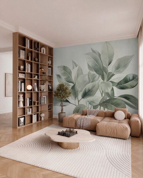 Fototapety Světle zelené listy na bledém, jemném pozadí, texturovaný styl boho, Tapety Unikátní, w09909 : uwalls.cz
