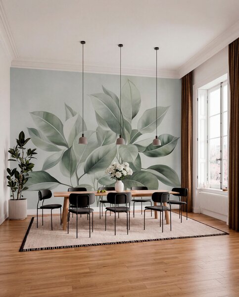 Fototapety Světle zelené listy na bledém, jemném pozadí, texturovaný styl boho, Tapety Unikátní, w09909 : uwalls.cz