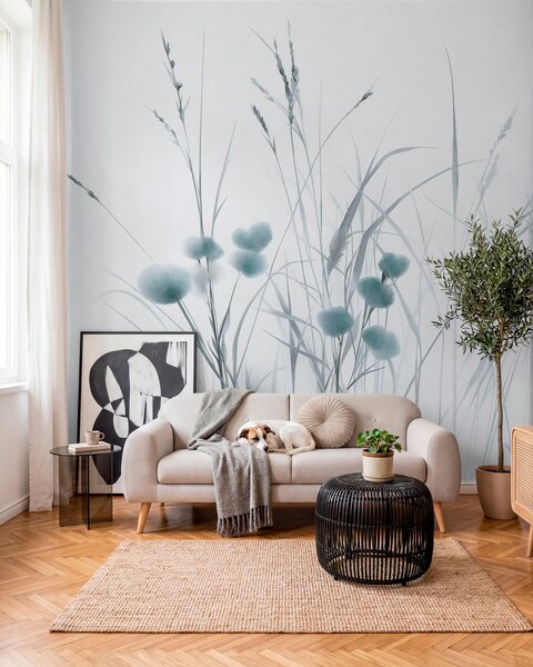 Fototapety Vysoké trávy a malé modré divoké květiny na světlém pozadí, strukturovaný styl boho, Fototapety příroda, w09902v1 : uwalls.cz