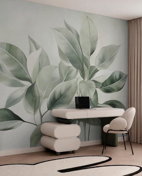 Fototapety Světle zelené listy na bledém, jemném pozadí, texturovaný styl boho, Tapety Unikátní, w09909 : uwalls.cz