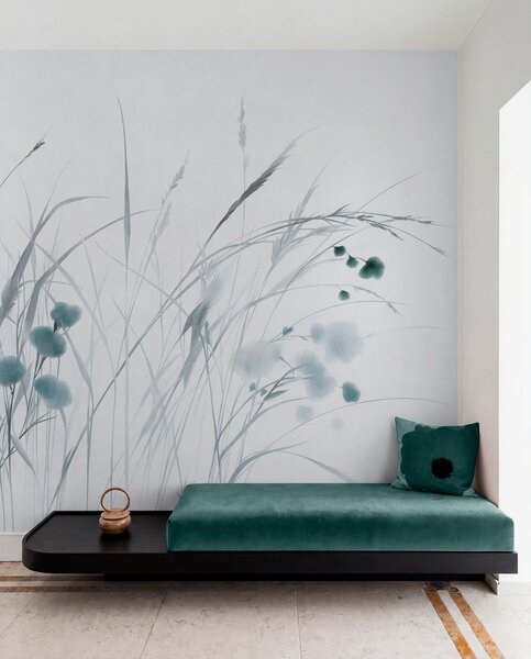 Fototapety Vysoké trávy a malé modré divoké květiny na světlém pozadí, strukturovaný styl boho, Fototapety příroda, w09902v1 : uwalls.cz
