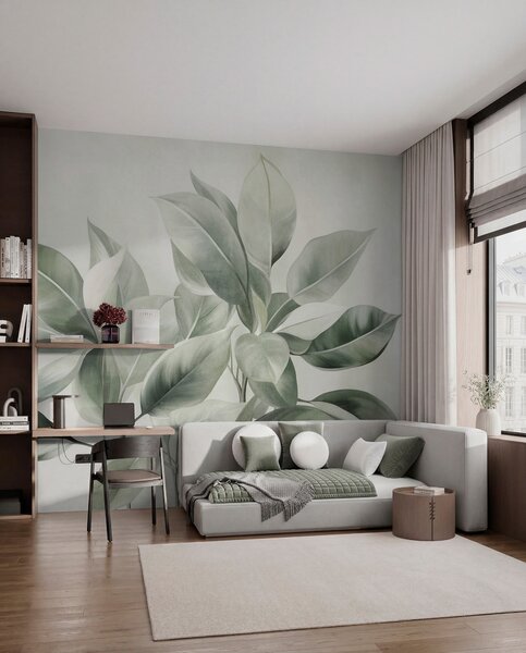 Fototapety Světle zelené listy na bledém, jemném pozadí, texturovaný styl boho, Tapety Unikátní, w09909 : uwalls.cz