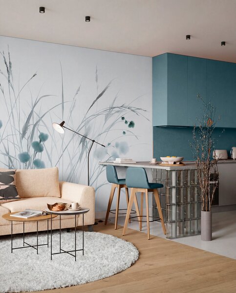Fototapety Vysoké trávy a malé modré divoké květiny na světlém pozadí, strukturovaný styl boho, Fototapety příroda, w09902v1 : uwalls.cz