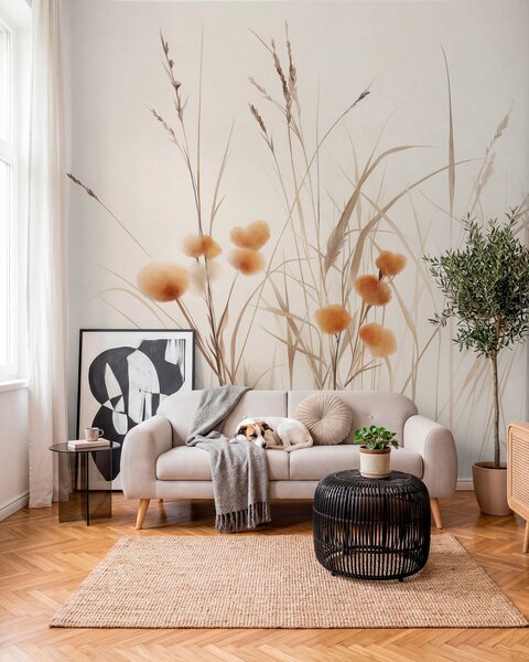 Fototapety Vysoké trávy a drobné oranžové divoké květiny na světlém pozadí, styl boho s výraznou texturou, Fototapety příroda, w09902 : uwalls.cz