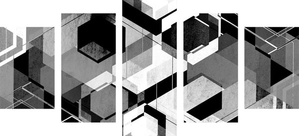 5-dílný obraz abstraktní geometrie v černobílém provedení
