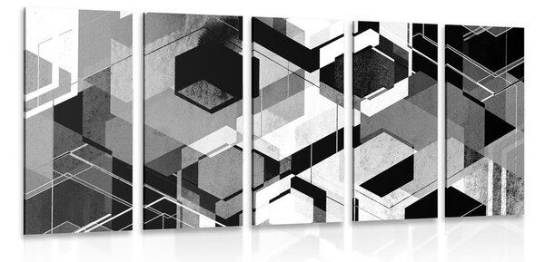 5-dílný obraz abstraktní geometrie v černobílém provedení