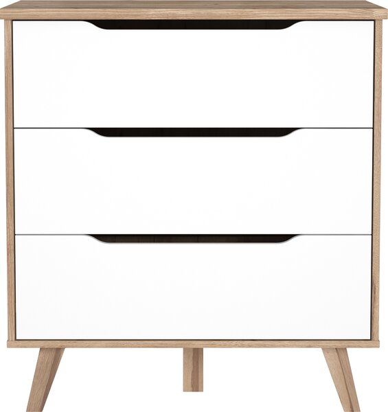 Komoda se 3 zásuvkami - dub a matná bílá - masivní nohy - skandinávský styl 80 cm - VANKKA