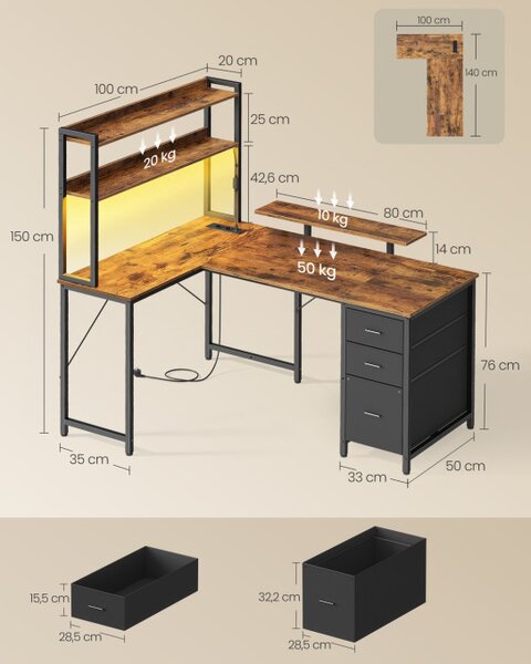 Rohový pracovní stůl s LED diodou LWD162K101