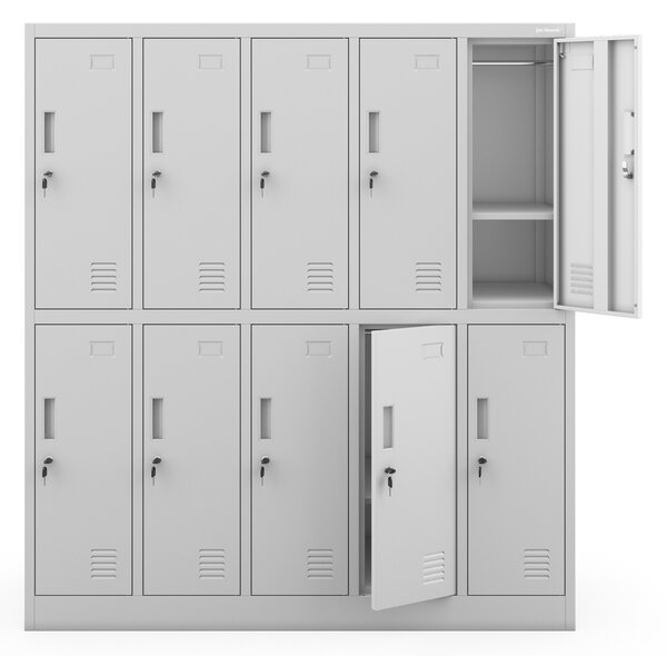Školní BOZP skříň šedá: 10komorová BARTUŚ 1360 × 1500 × 450 mm