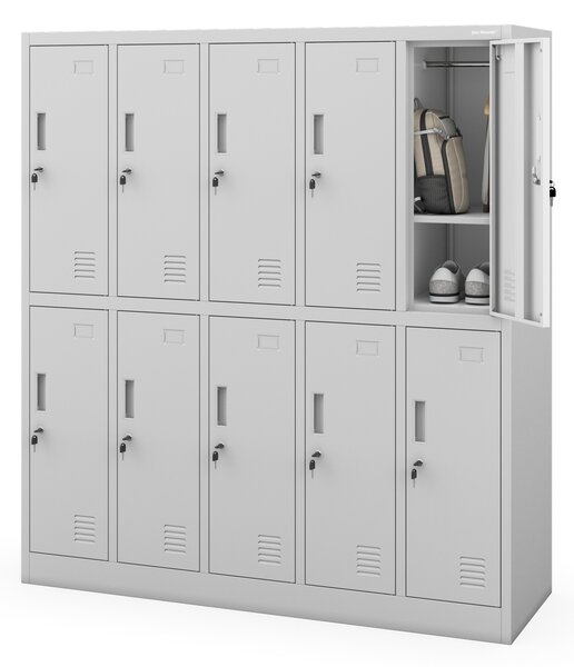 Školní BOZP skříň šedá: 10komorová BARTUŚ 1360 × 1500 × 450 mm