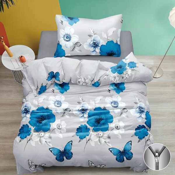 Bavlněné povlečení Modré květy a motýli – 140×200 cm + 70×90 cm, 2dílná sada na zip