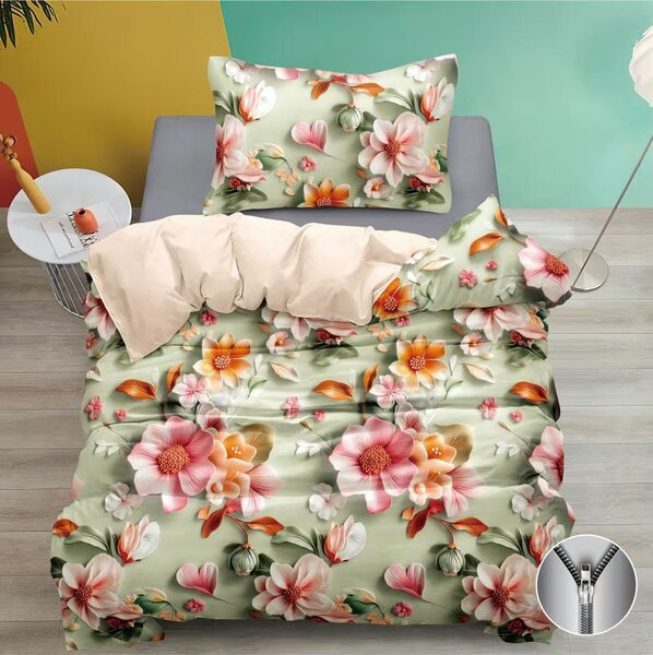 Bavlněné povlečení Růžové a oranžové květy – 140×200 cm + 70×90 cm, 2dílná sada na zip