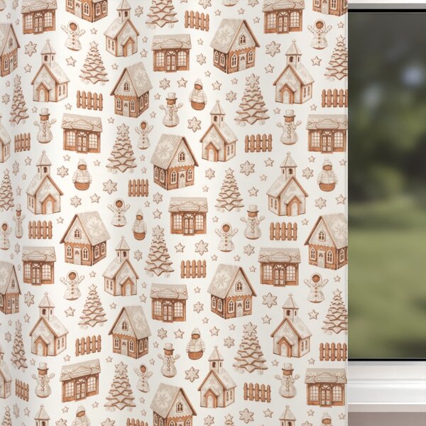 Biante Vánoční bavlněný závěs Sandra SA-807 Hnědé perníkové chaloupky a sněhuláci na bílém 150x140 cm