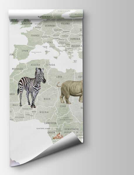 Fototapeta Mapa světa se zvířaty a ptáky, Fototapeta s mapou světa, Populární fototapety, w04636 - Tapeko.co.cz