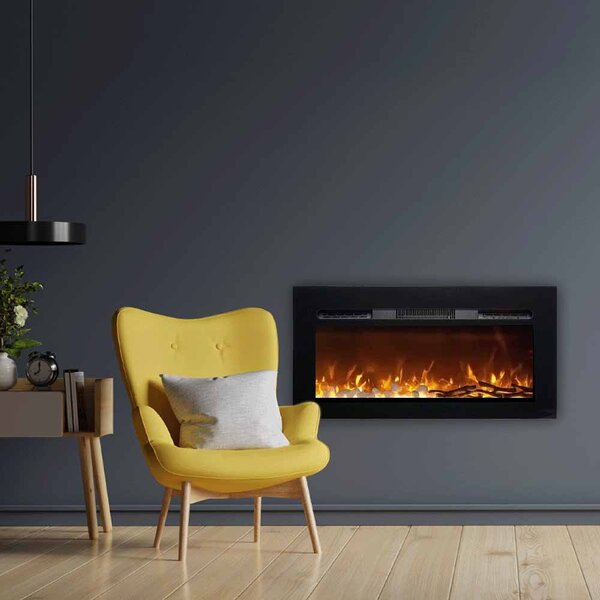 Moderní elektrické krby ElectricSun Paula Glass malý, černé, nástěnný, podlahový nebo vestavný, se zvukem, s aplikací, 10 barev plamene, Š122xV45cm