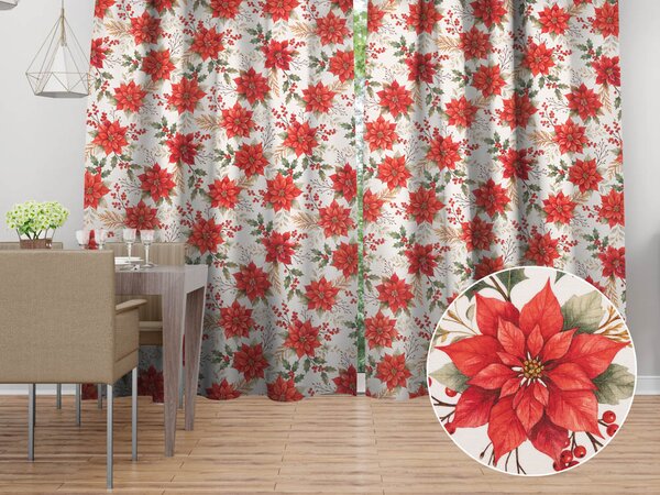 Biante Dekorační závěs Leona LN-180 Vánoční růže a cesmíny na bílém 130x140 cm