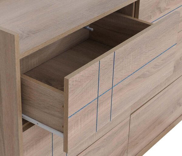 Komoda HWC-P44, příborník, 6 zásuvek s funkcí push-to-open, MDF 83 x 120 x 40 cm vzhled dubu Sonoma
