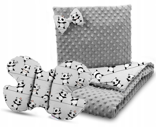 Dětská deka do kočárku s polštářkem a motýlkem - PREMIUM set 3v1 - Veselé pandy s šedou minky