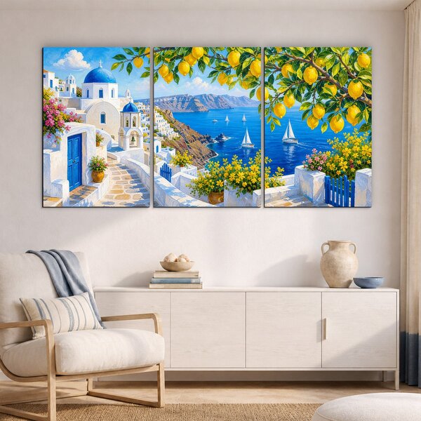 DUBLEZ | Vícedílný dřevěný obraz - Santorini s citrony | UV tisk, Premium