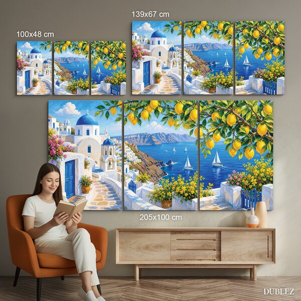 DUBLEZ | Vícedílný dřevěný obraz - Santorini s citrony | UV tisk, Premium