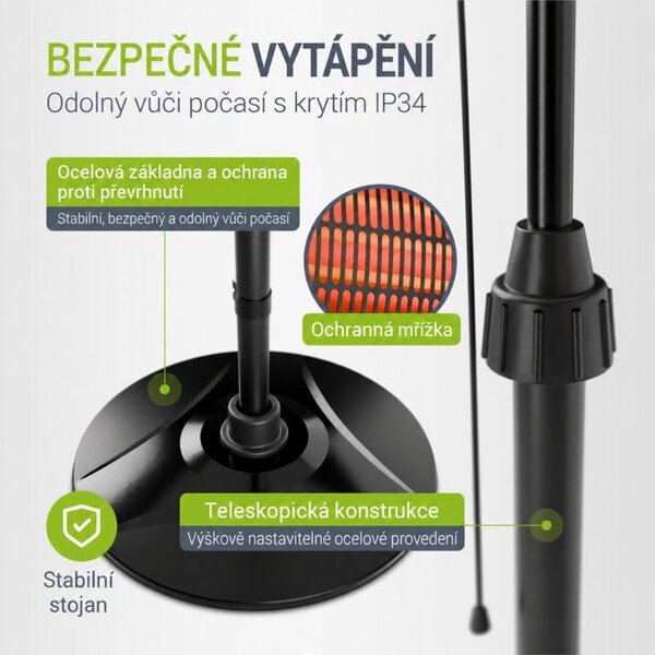 Stojanový infrazářič 2000 W, 3 stupně, 170–210 cm
