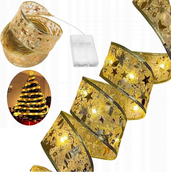 Svítící vánoční stuha na baterie - teplá bílá, 5m, 50 LED