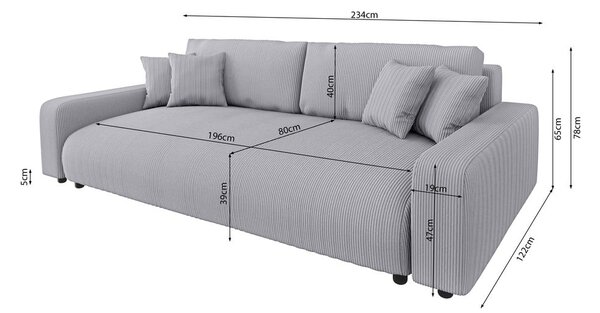 Světle šedá manšestrová rozkládací/s úložným prostorem pohovka 234 cm Sara – Ropez