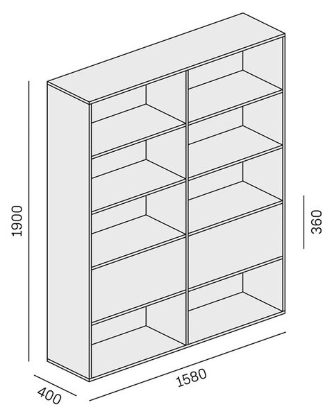 Široký kancelářský policový regál LAYERS, 2 boxy, 1582 x 400 x 1905 mm, bílá