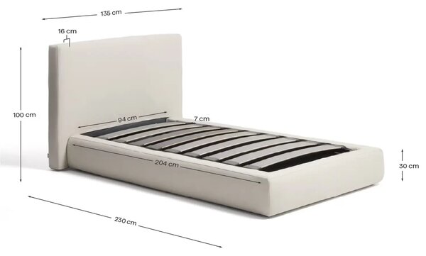 Kave Home Béžová čalouněná jednolůžková postel Blok 90 x 200 cm s úložným prostorem