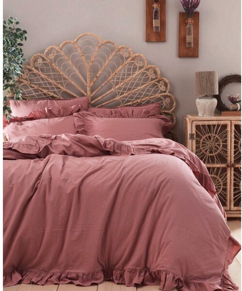 Růžové povlečení na dvoulůžko/prodloužené z bavlny Renforcé 240x220 cm Ruffle Striped – Mila Home Luxury