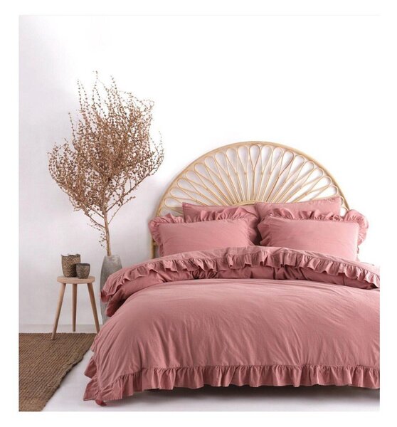 Růžové povlečení na dvoulůžko/prodloužené z bavlny Renforcé 240x220 cm Ruffle Striped – Mila Home Luxury