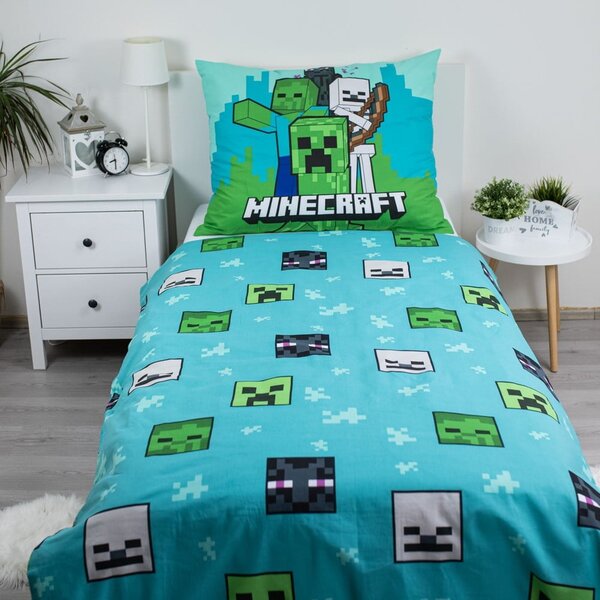 Zeleno-modré bavlněné dětské povlečení na jednolůžko 140x200 cm Minecraft "Mobs Here" – Jerry Fabrics