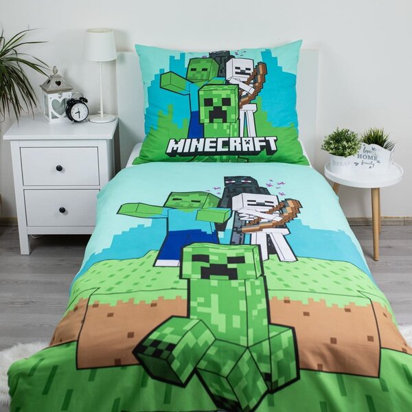 Zeleno-modré bavlněné dětské povlečení na jednolůžko 140x200 cm Minecraft "Mobs Here" – Jerry Fabrics