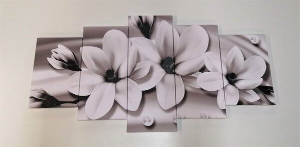 5-dílný obraz luxusní magnolie s perlami v černobílém provedení
