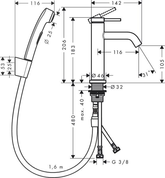 Hansgrohe Tecturis S páková umyvadlová baterie 110 s ruční sprchou Bidette a sprchovou hadicí 160 cm, matná černá 73211670
