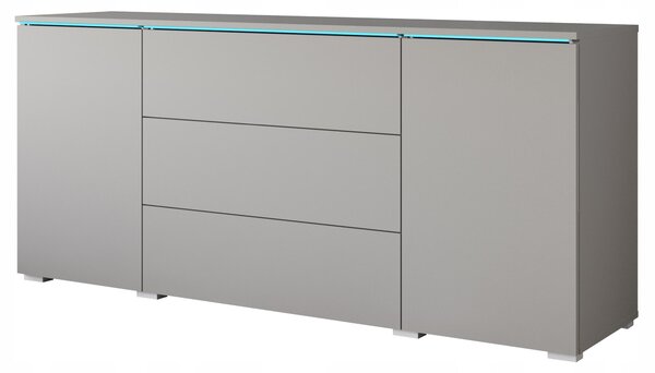 Komoda o šířce 150 cm do obývacího pokoje, s 3 zásuvkami a 2 skříňkami, šedá matná barva, s LED osvětlením