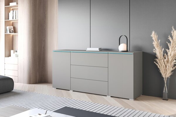 Komoda o šířce 150 cm do obývacího pokoje, s 3 zásuvkami a 2 skříňkami, šedá matná barva, s LED osvětlením