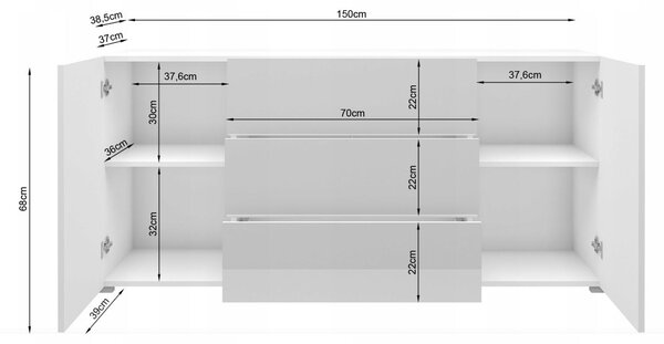 Moderní komoda, výška 150 cm, stojící, s 3 zásuvkami a 2 skříňkami, matný povrch