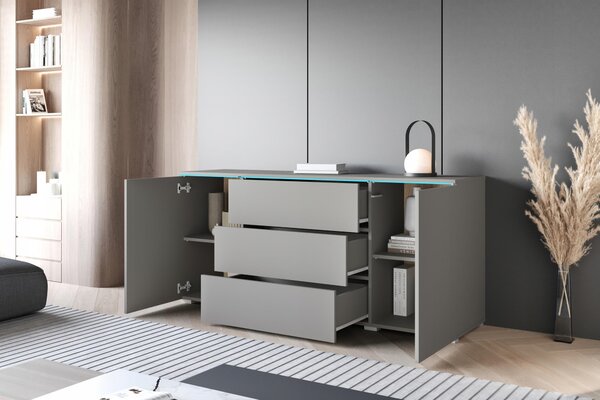 Komoda o šířce 150 cm do obývacího pokoje, s 3 zásuvkami a 2 skříňkami, šedá matná barva, s LED osvětlením