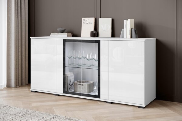 Komoda 150 cm s prosklenou vitrínou, zásuvkami a policemi, bílá matná/lesklá