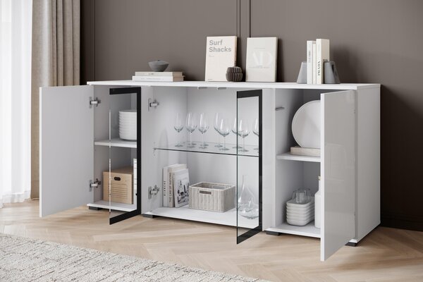 Komoda 150 cm s prosklenou vitrínou, zásuvkami a policemi, bílá matná/lesklá